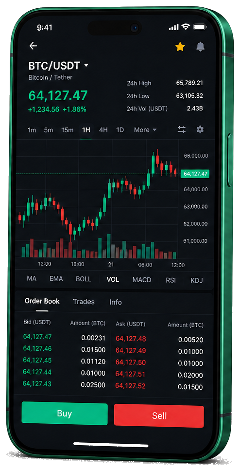 Agrofert mobilní obchodní platforma — živý graf BTC/USDT, kniha objednávek a rozhraní nákupu/prodeje